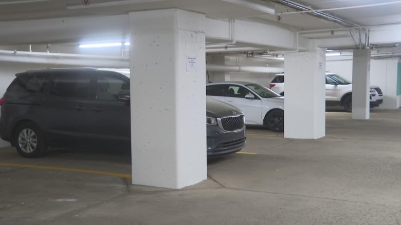 Dos autos blancos y un SUV gris están estacionados en un estacionamiento. Hay espacios de estacionamiento vacíos entre ellos.