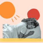 Digital collage of woman sleeping with an orange circle and red circle above her