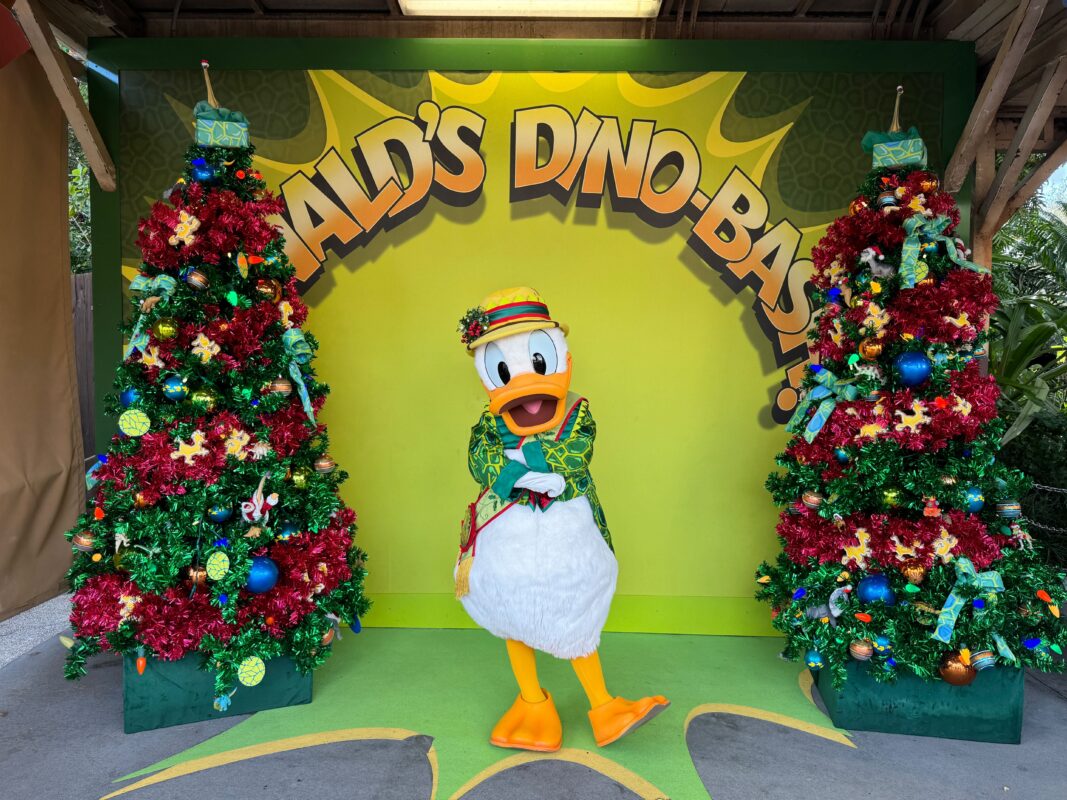 El personaje navideño de Disneys Animal Kingdom 2023 conoce y saluda a Donald 2