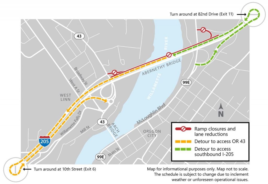 Los cierres de carriles en dirección sur en la I-205 en Oregon City están ralentizando el tráfico este fin de semana.