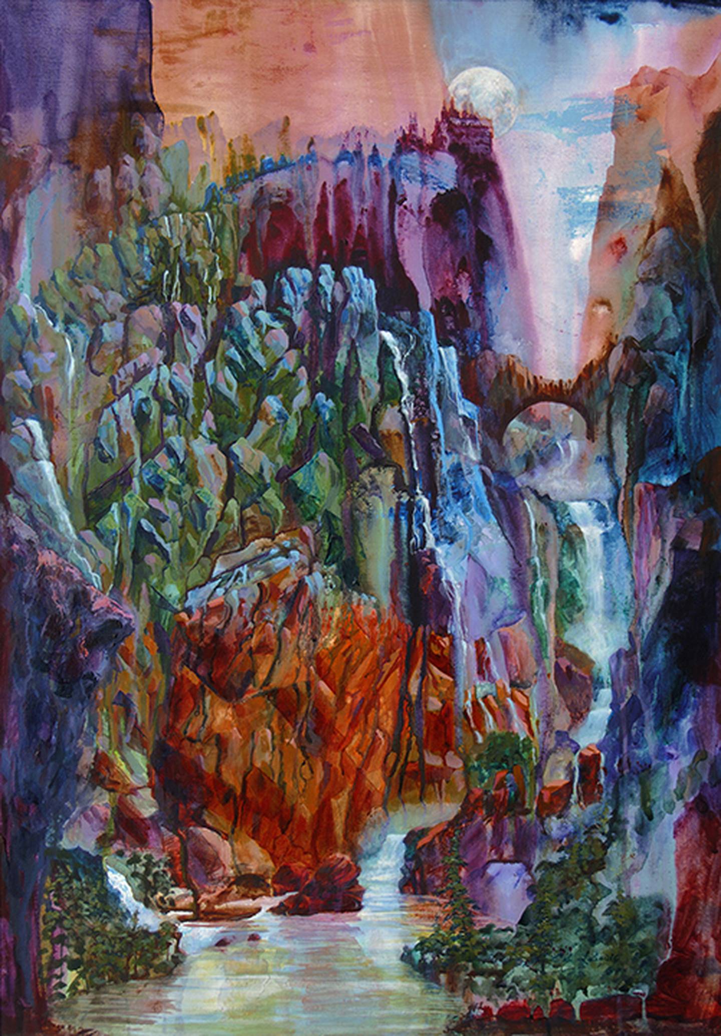 Una escena escarpada de montañas y ríos está pintada con los colores del arco iris.