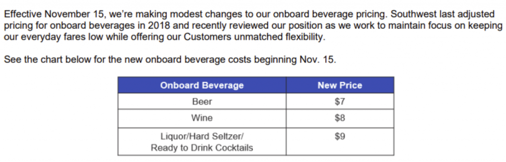 A partir del miércoles, el costo del alcohol en Southwest Airlines será más alto.