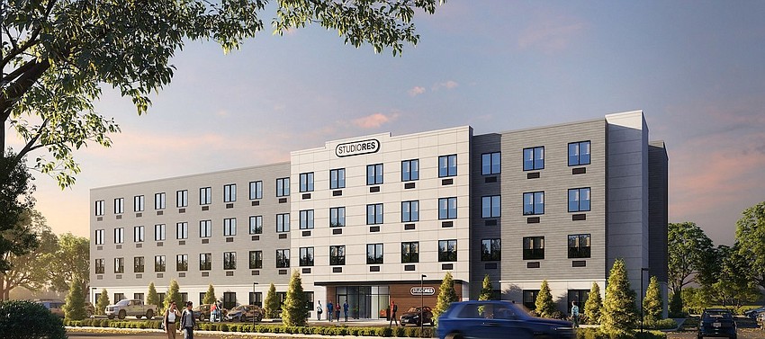 A rendering of the four-story, 124-room StudioRes by Marriott extended-stay hotel.