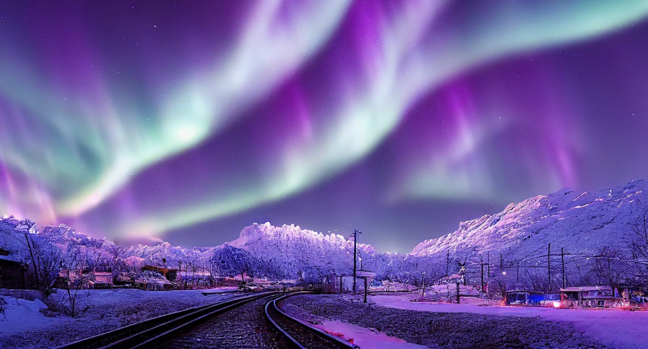 Vías de tren de invierno y auroras boreales