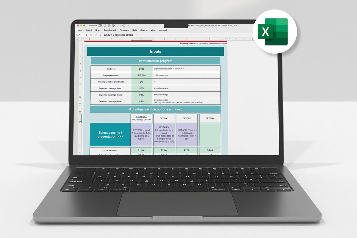 Esta vista de la calculadora de costos de la vacuna contra el rotavirus para países de ingresos medios muestra algunos de los campos donde los usuarios pueden ingresar sus datos.  Ruta de la imagen