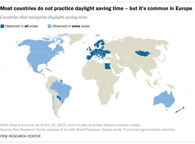 Un mapa que muestra que la mayoría de los países no practican el horario de verano, pero es común en Europa.