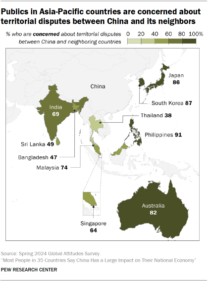 Un mapa que muestra cuán preocupados están los pueblos de los países de Asia y el Pacífico por las disputas territoriales entre China y sus vecinos.