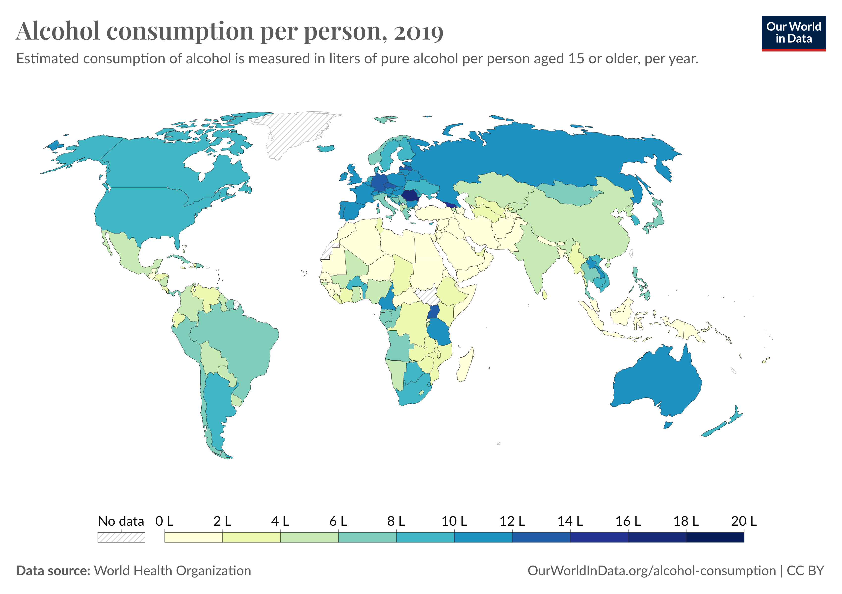 Mapa mundial que muestra el consumo de alcohol por persona en 2019, versión de escritorio