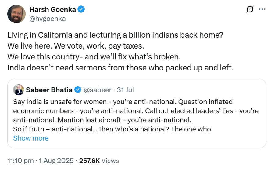 Tweet duro de Gonaka para Sabir Bhatia. (x/@hvgoenka)