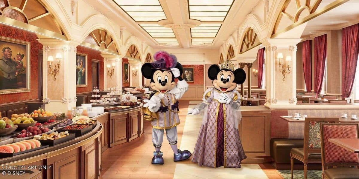 El nuevo restaurante de banquete real de Disneyland Hotel con Mikey y Mini Mouse