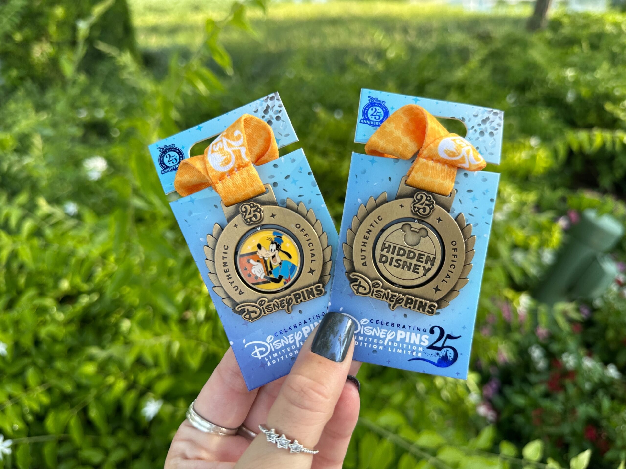 En un embalaje de mano, Disney World se coloca en los pasadores de cumpleaños número 25, con vegetación en el fondo.