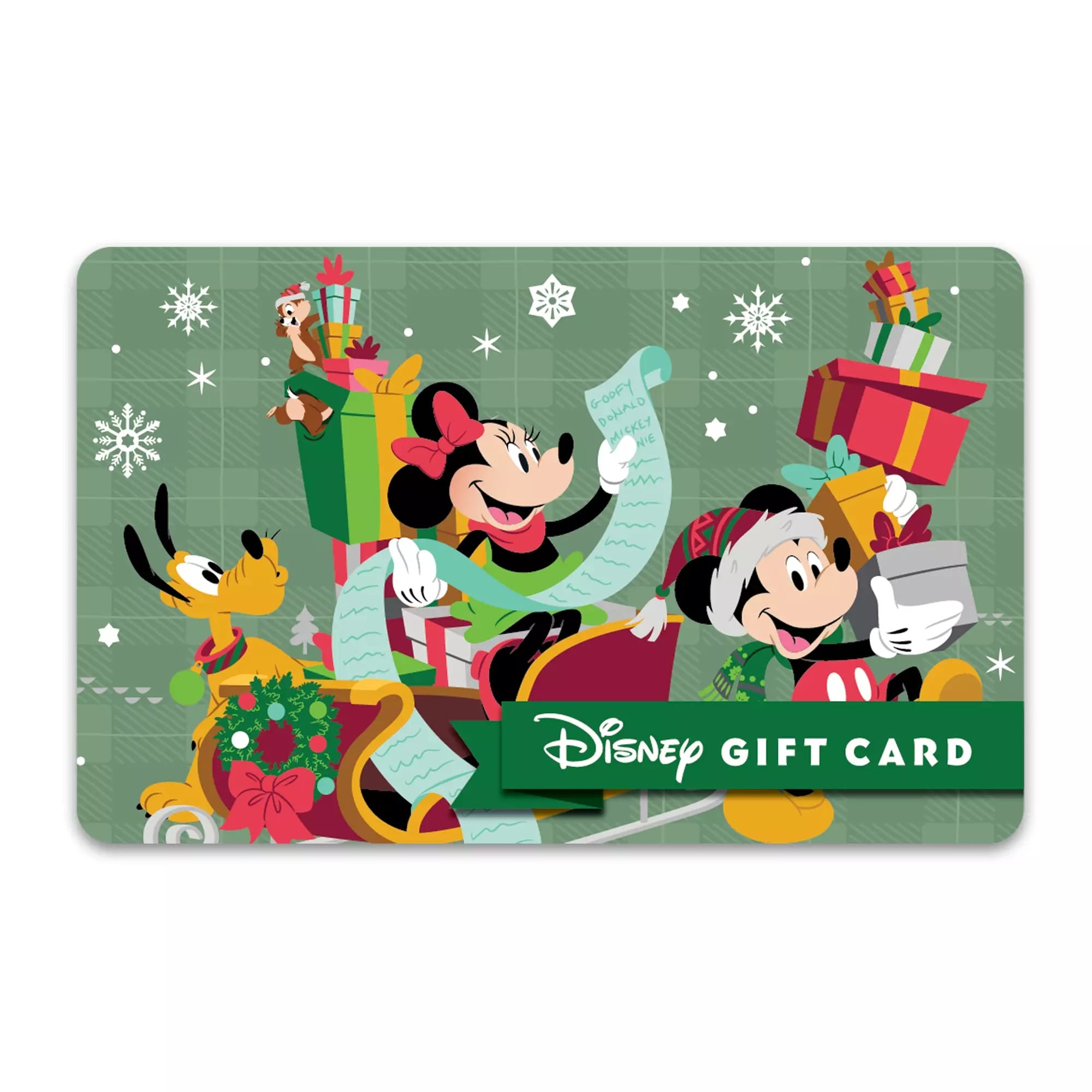 Mickey, Mini y Plutón están en una escoria con regalos en una tarjeta de regalo de Disney de fondo festiva y con una lista de vacaciones.