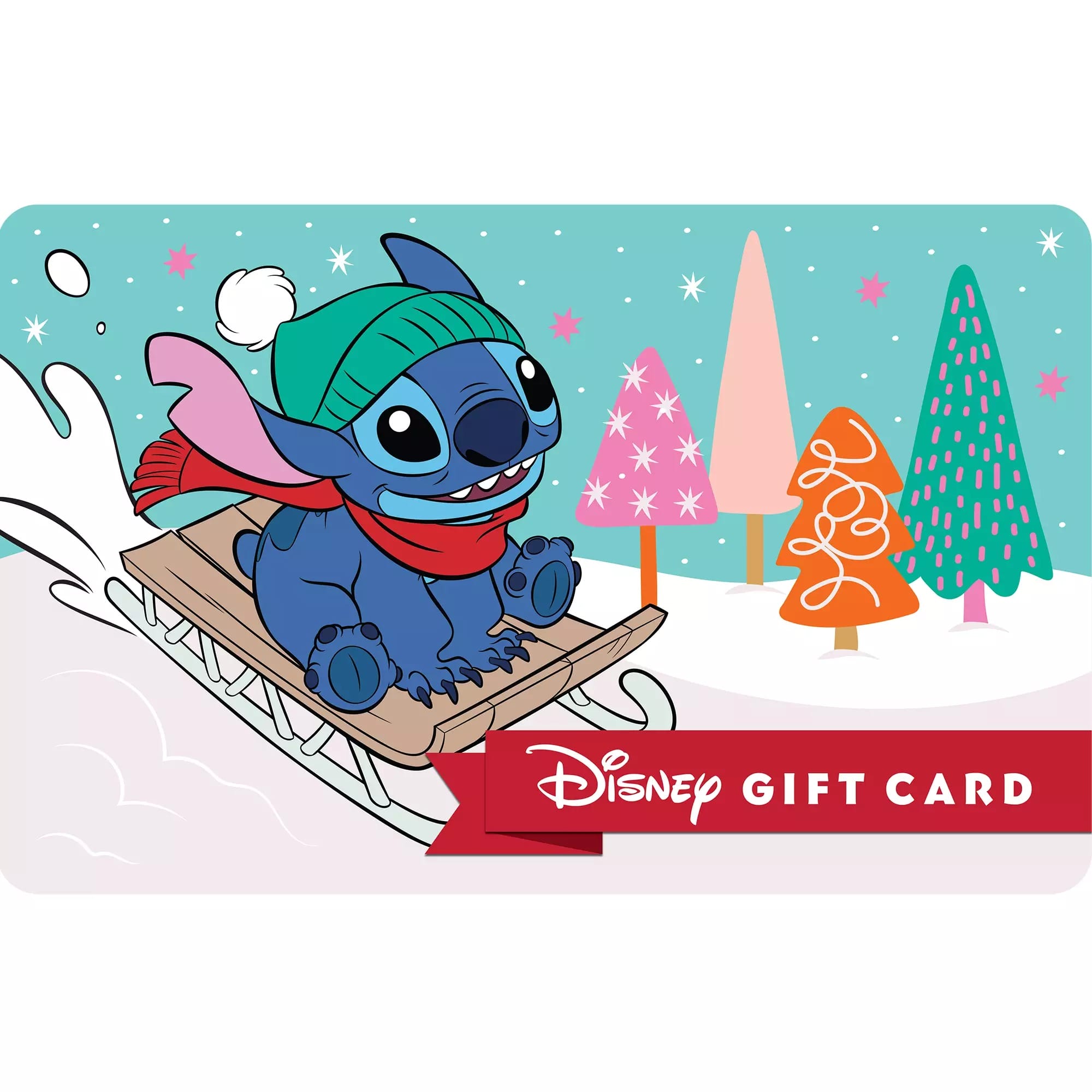 Coser trineo debajo de la colina helada con un sombrero verde y una bufanda roja; El texto del árbol colorido y la tarjeta de regalo de Disney en el fondo.