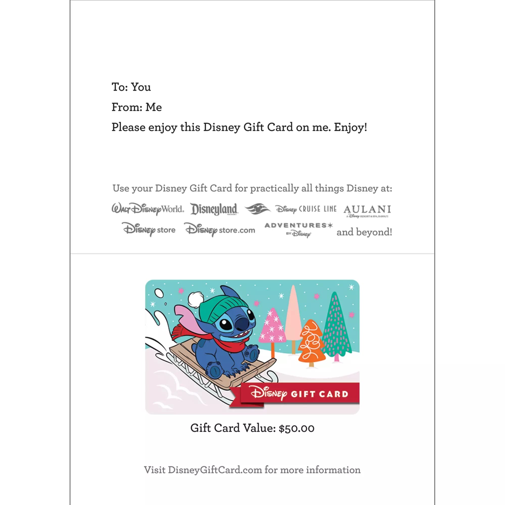 La tarjeta de regalo de Disney muestra cosiendo durmiendo en invierno. La tarjeta cuesta $ 50. Se dice que el tipo de nota 