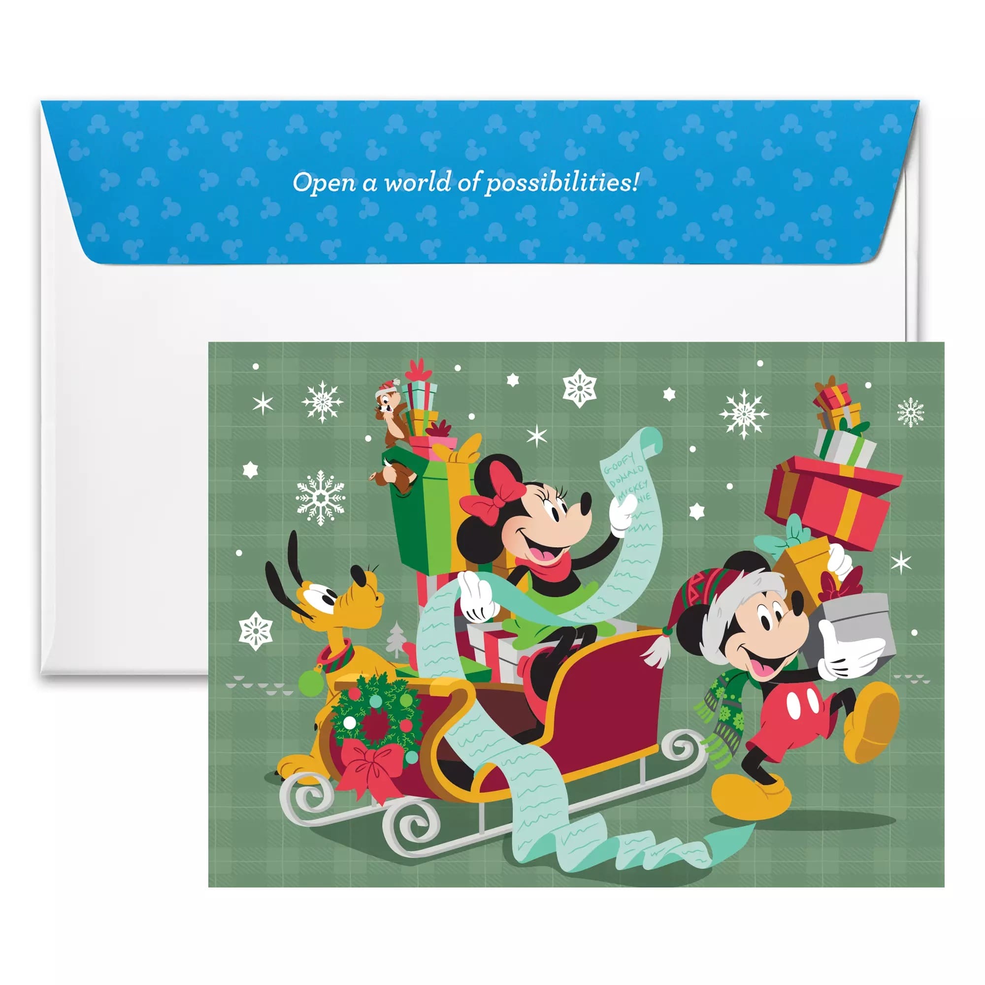 Mickey, Mini y Plutón proporcionan regalos en un sueño, rodeados de regalos y regalos, que contiene un sobre del festival.