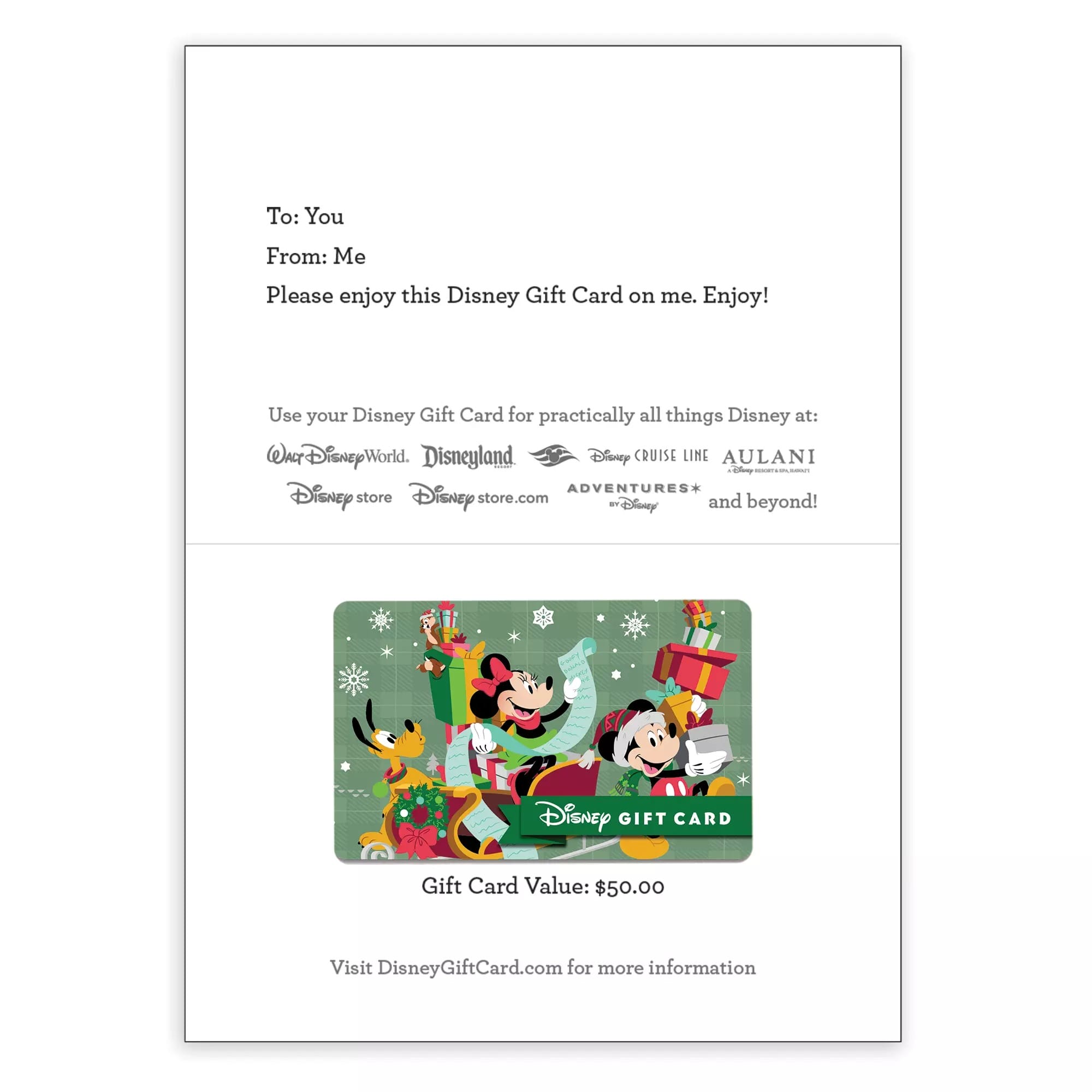 Tarjeta de regalo de Disney con Mickey, Mini y Plutón, regalos en la dirección de festivales; Precio: .00 50.00.