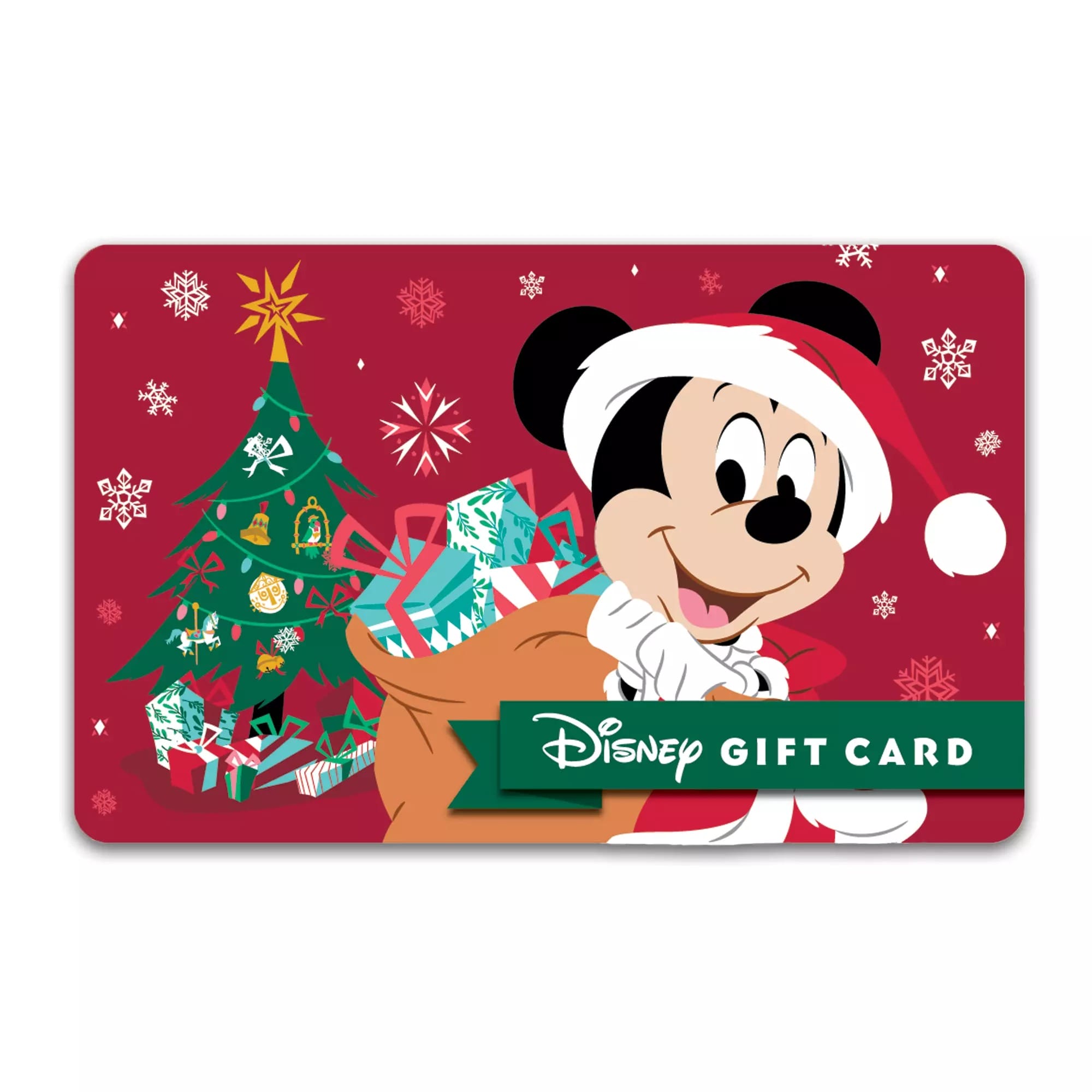 El Mickey Mouse se encuentra en el Santa Satn con un árbol de Navidad con regalos en la tarjeta de regalo de Red Disney.