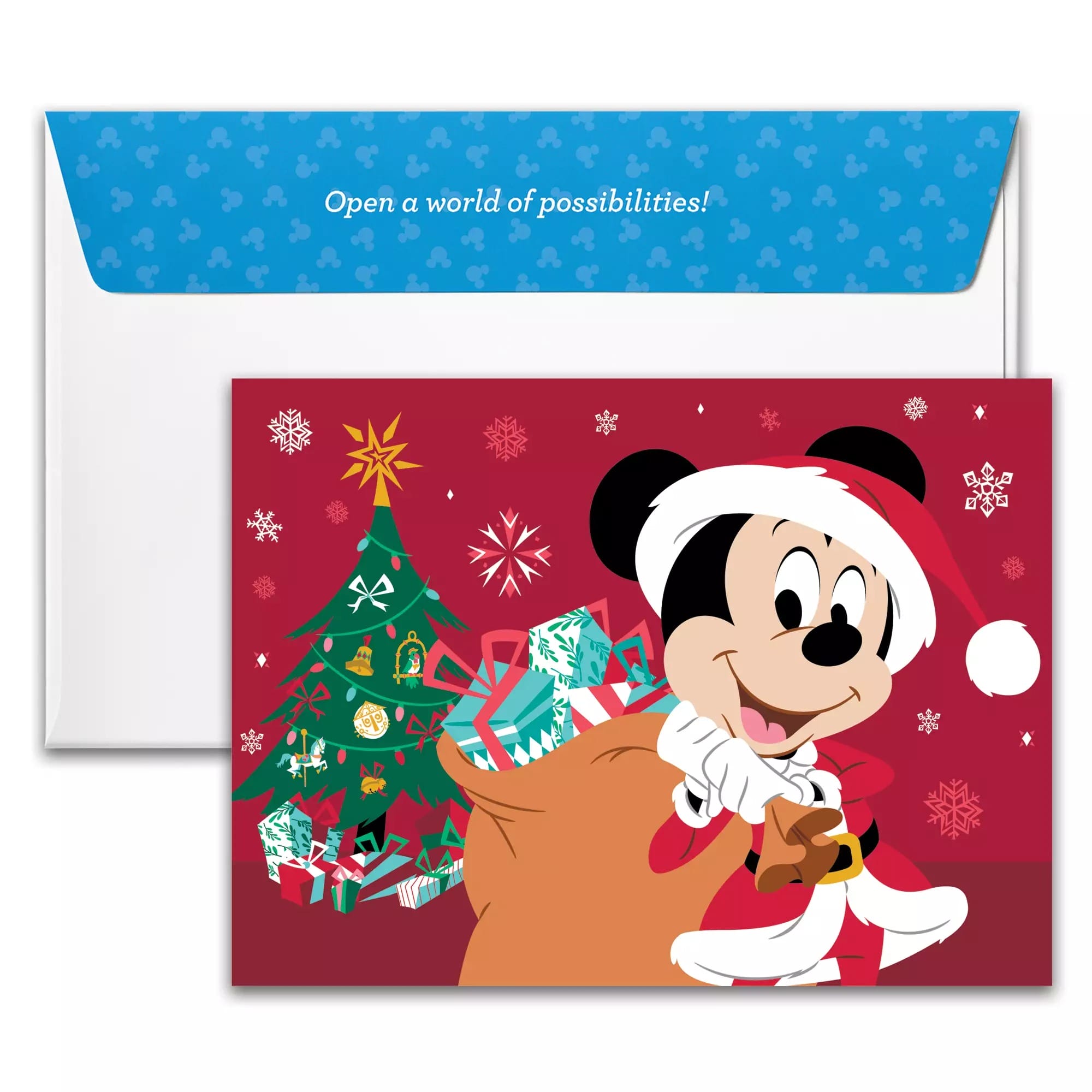 En la organización de Santa, el Mickey Mouse tenía una bolsa de regalo a través de un árbol de Navidad con regalos y esófago.