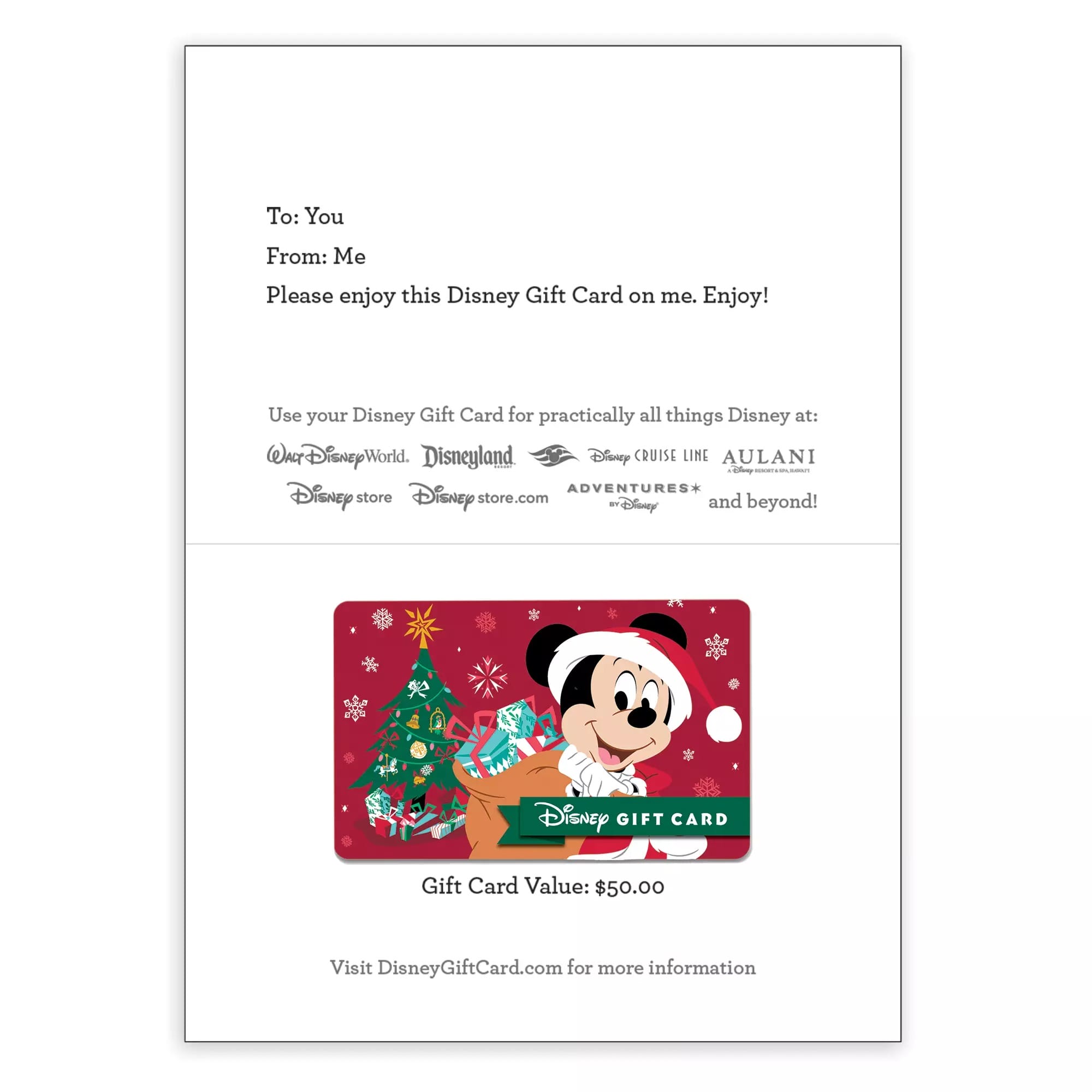 Tarjeta de regalo de Disney con Mickey Mouse en Santa Hat, precio de $ 50 y decoración de vacaciones en un fondo rojo.