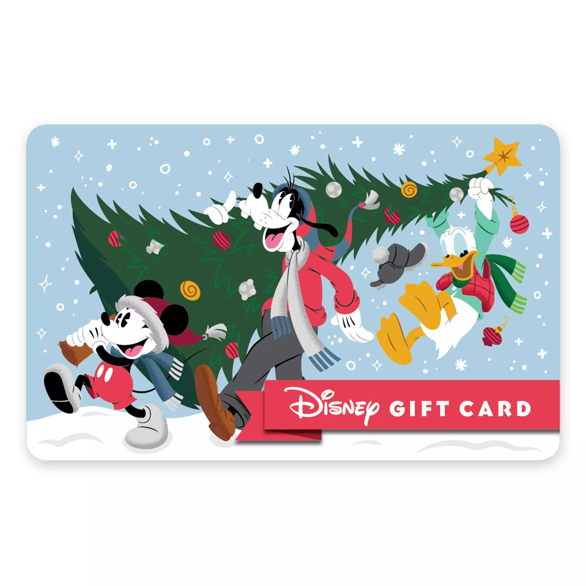 Mickey, Maur y Donald colocan un árbol de Navidad con una decoración festiva en la tarjeta de regalo de Disney a través del hielo.