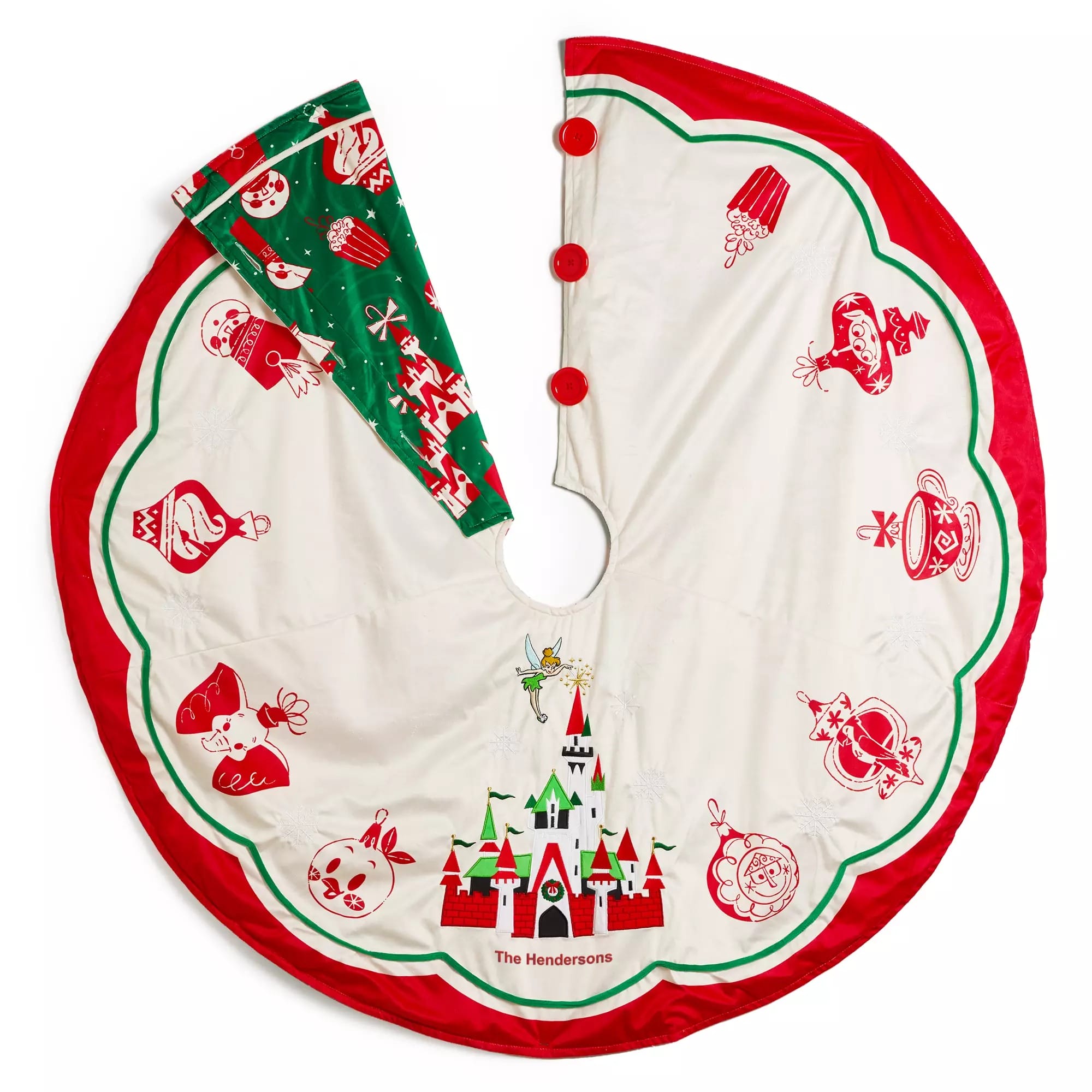 Falda de árbol de Navidad blanco y rojo con un palacio, diseño de joyas y una Navidad mágica familiar.