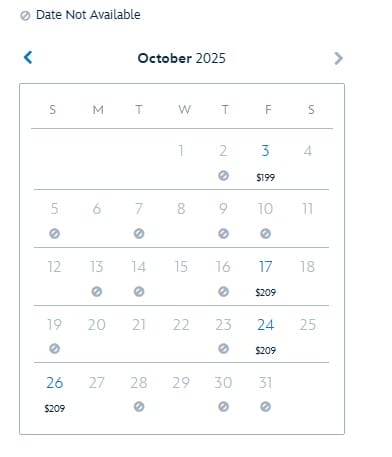 Octubre de 2025 Los espectáculos de calendario para Disney Halloween 2025 tienen un precio del viernes por $ 199 o $ 209.