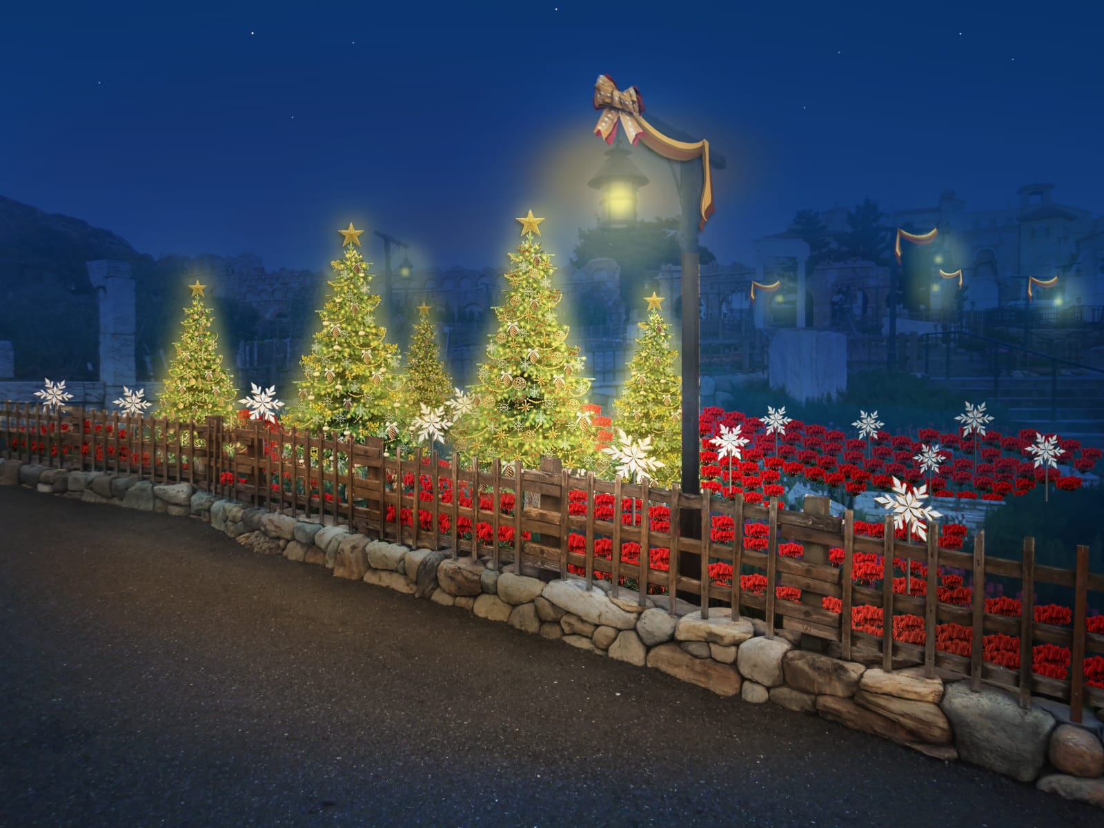 Cinco árboles de Navidad decorados brillan detrás de la cerca por la noche, haciéndose eco de la magia del desfile de Navidad de Tokio Disneyland.