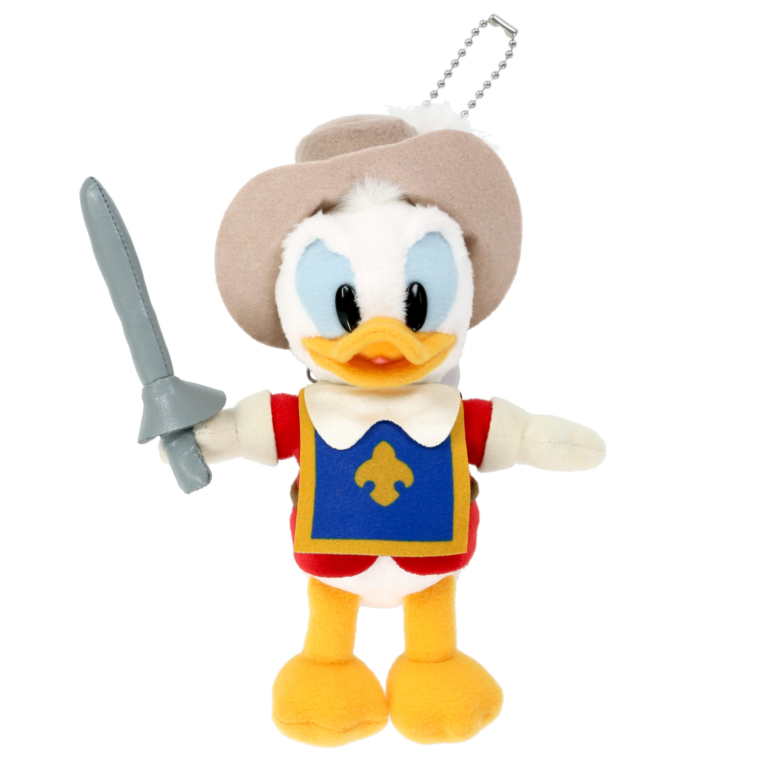 El peluche de Donald Duck estaba vestido como un musculoso, sosteniendo un sombrero con una espada y alas.