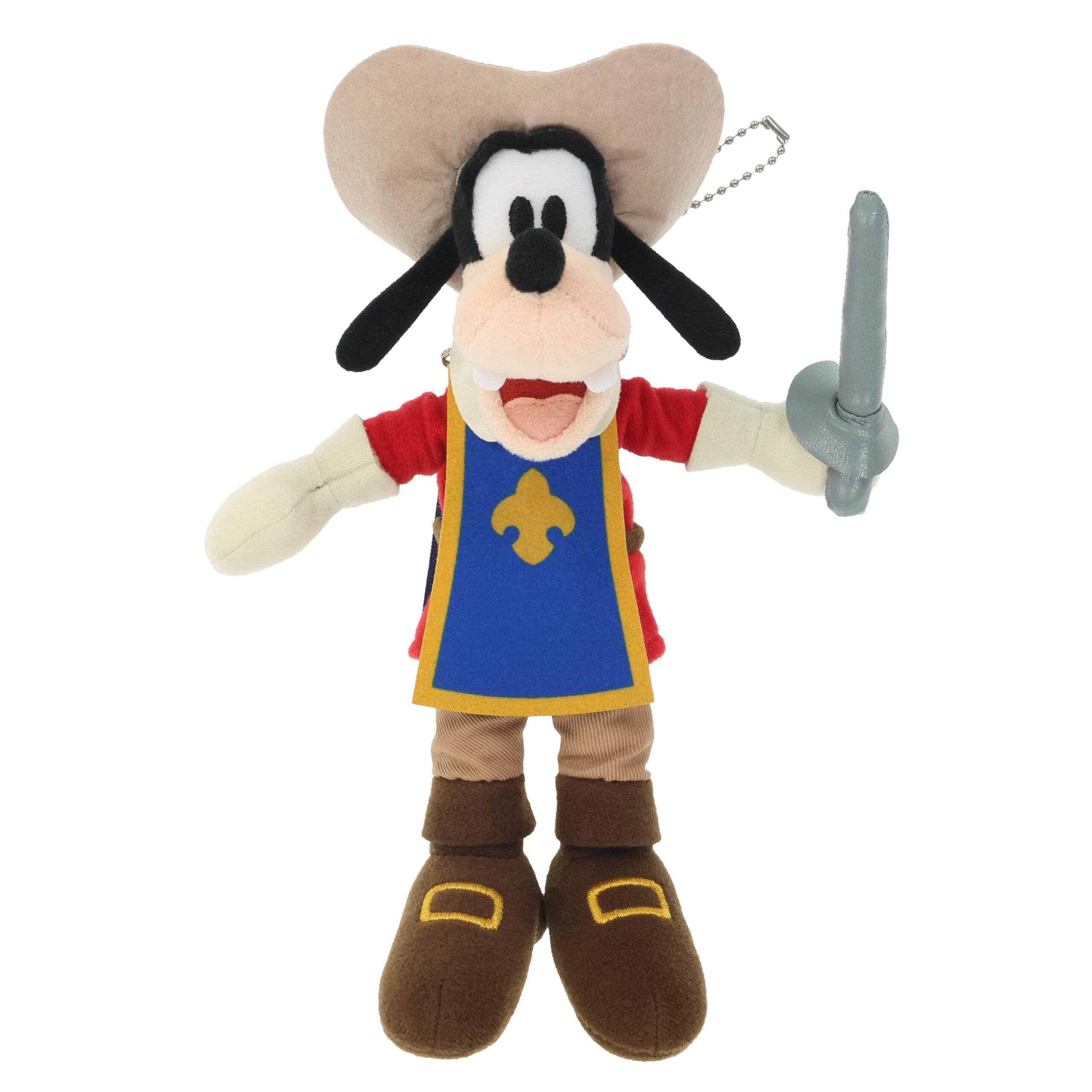 El peluche del personaje del perro está vestido como un musculoso, con un sombrero y sosteniendo una espada marrón.