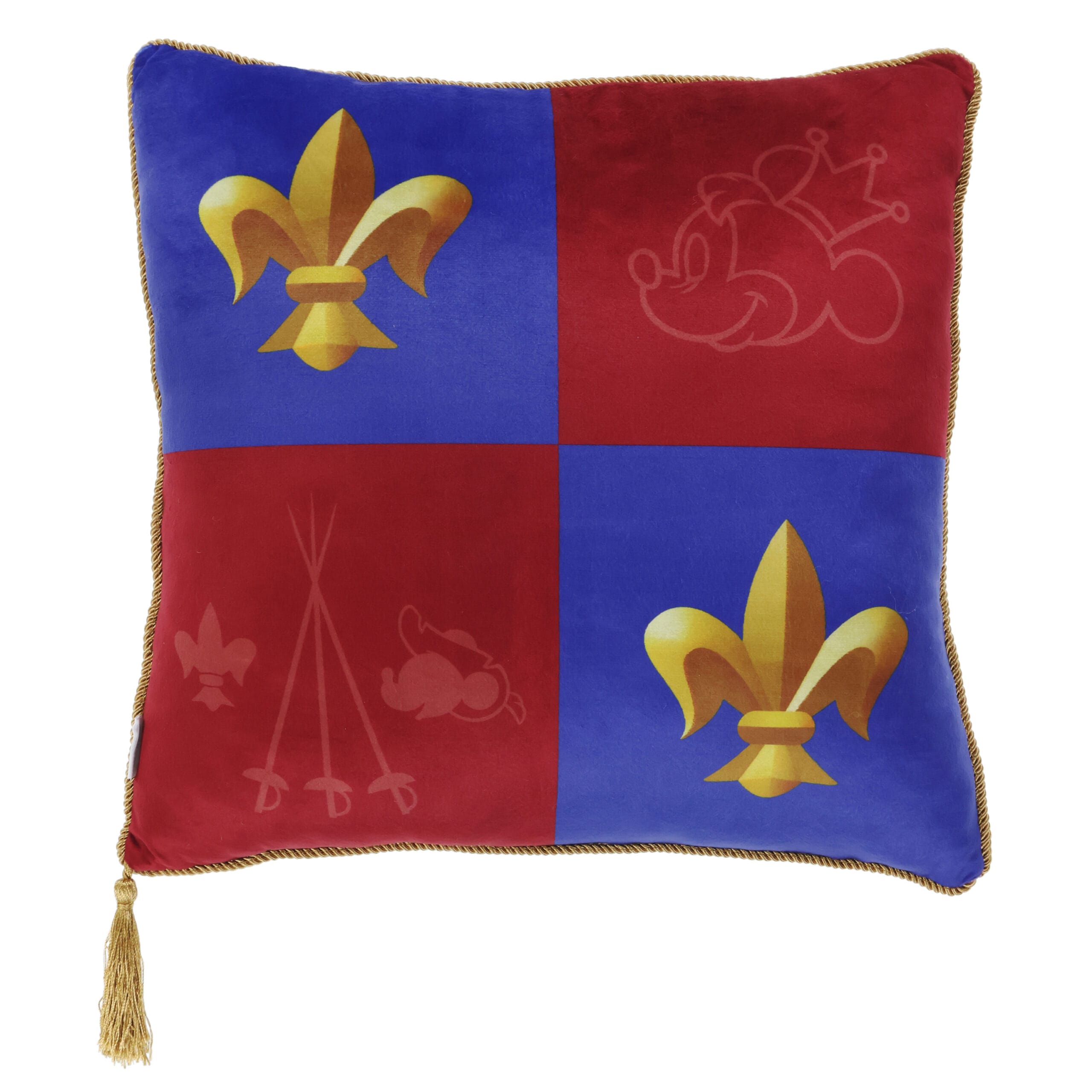 Término de oro decorativo con cuartos azules y rojos, arrendamiento de diente de oro, cara de mouse Mickey y tejido.