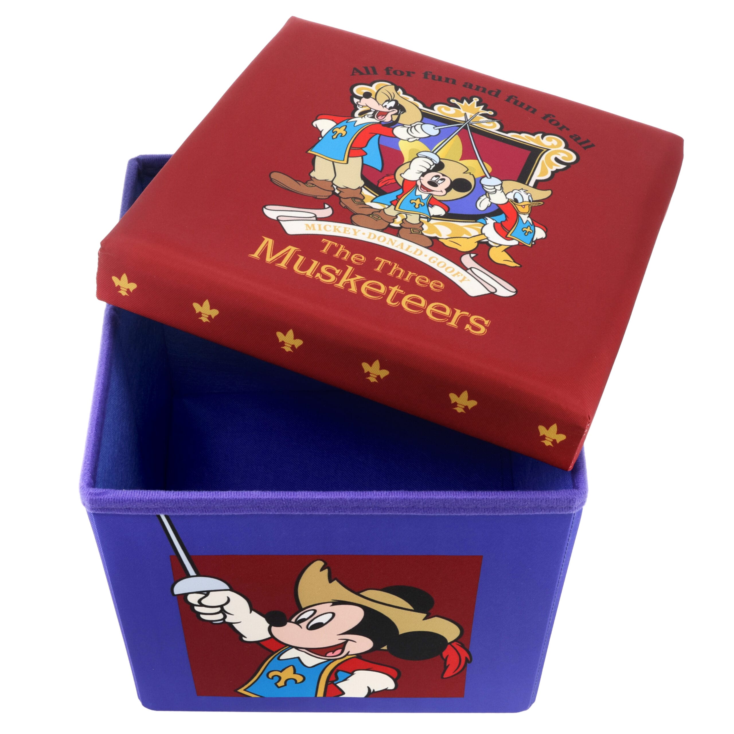 El Mickey Mouse es una caja de almacenamiento púrpura con un diseño muscular, en la tapa abierta como Mickey, Donald y Morha como tres músculos.