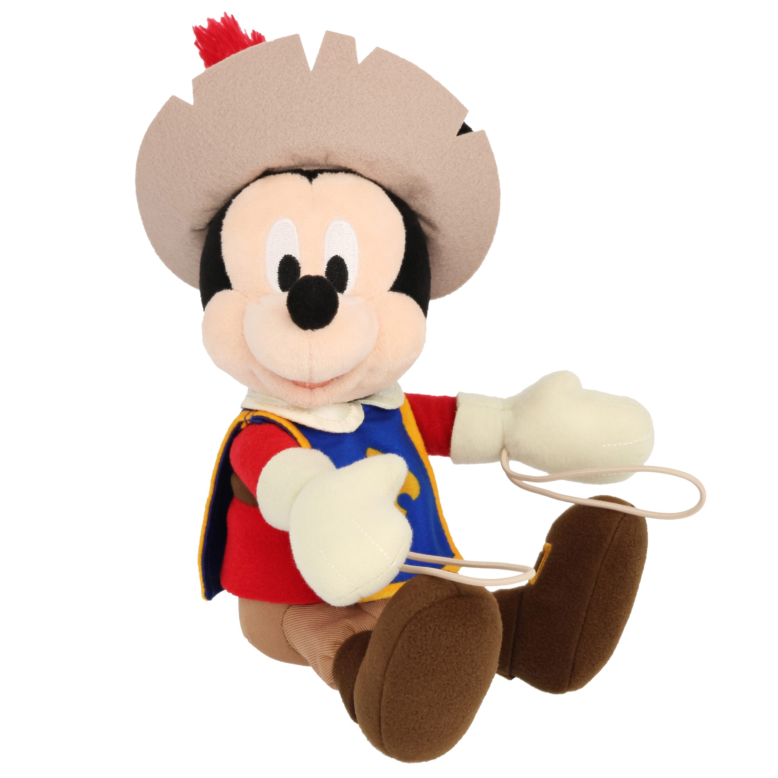 El juguete de peluche de dibujos animados está vestido como un musculoso, sosteniendo alambre en cada mano, que contiene sombreros y zapatos.