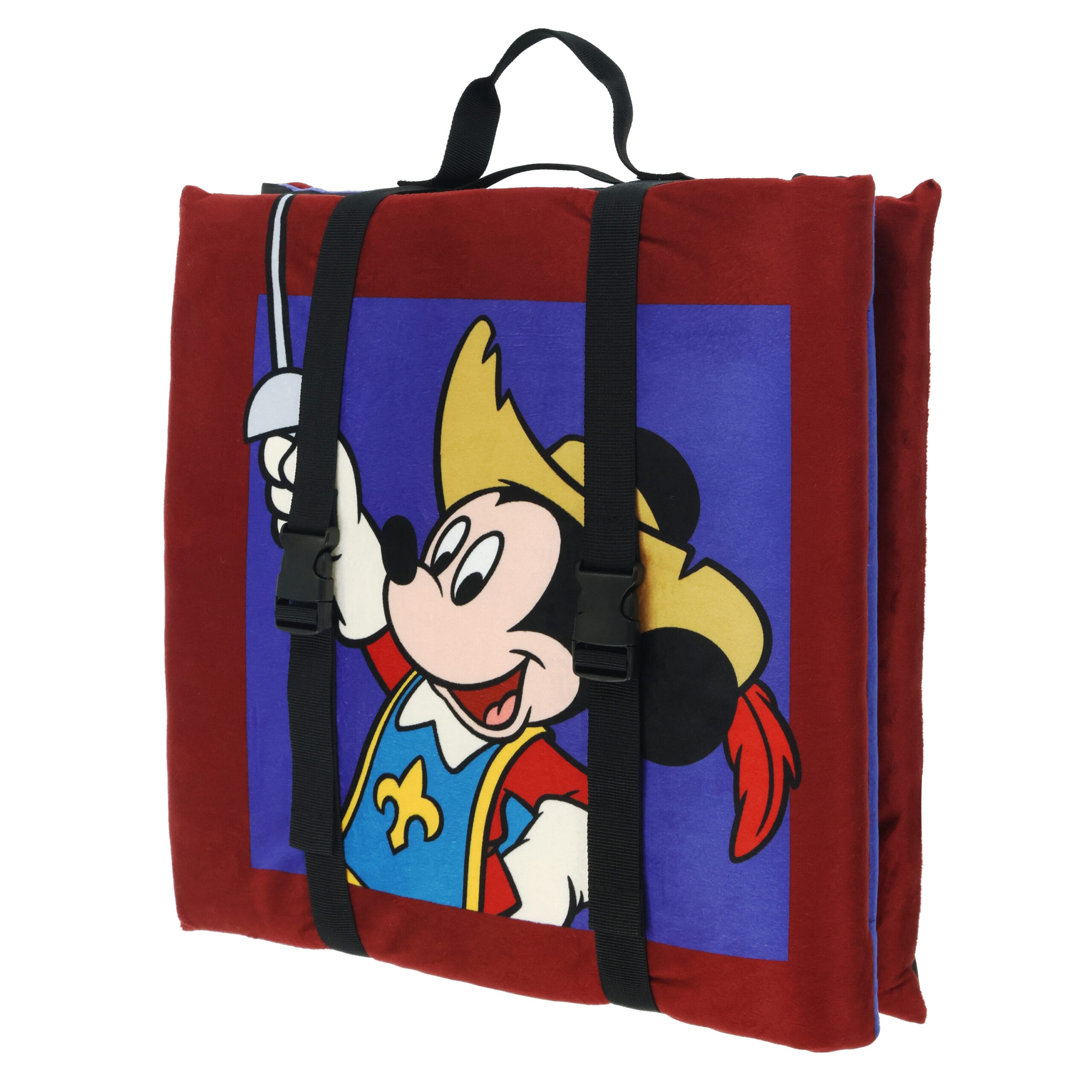 Un cojín plegable rojo con una manija, que está vestida en la parte delantera del Mickey Mouse en la parte delantera.