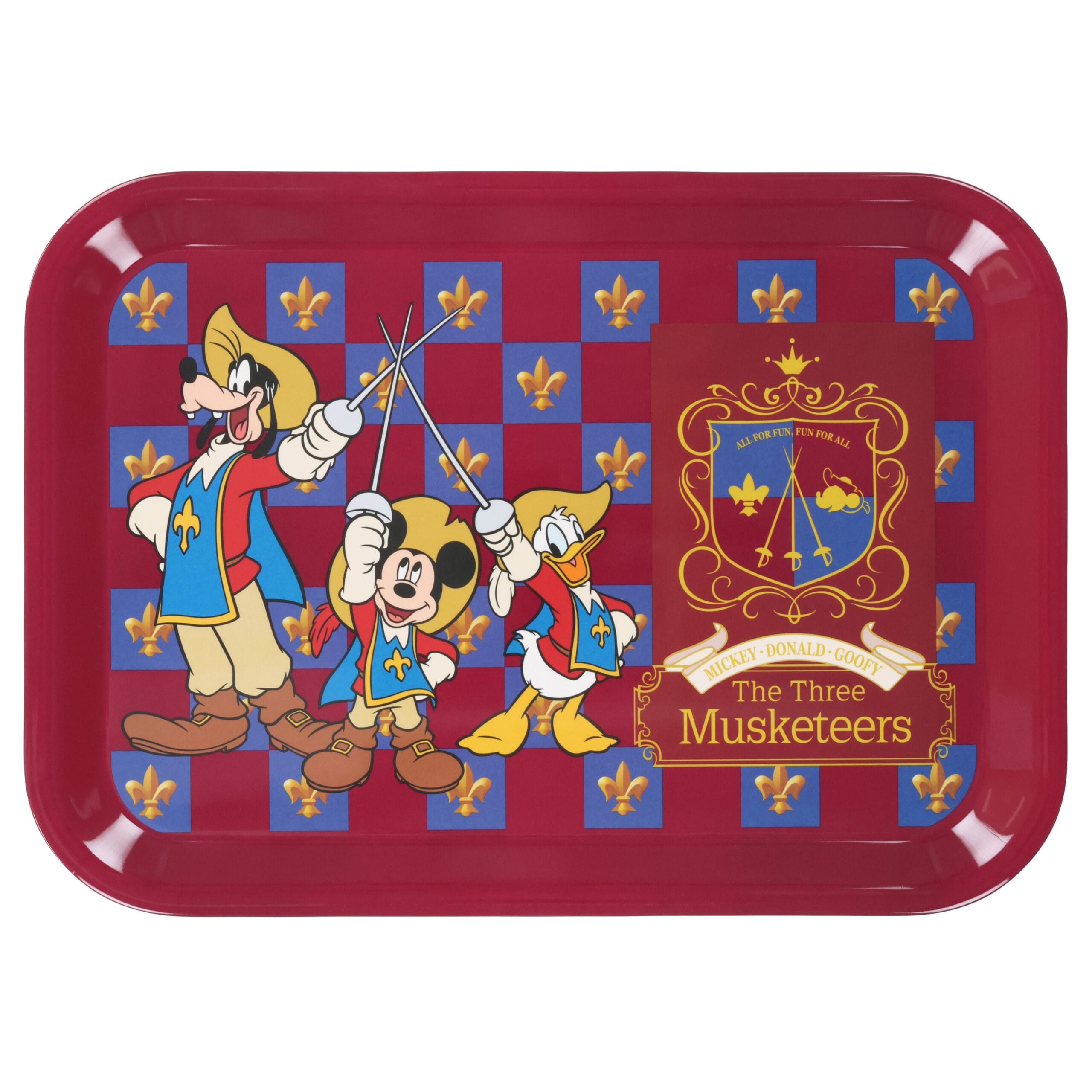 La bandeja roja, que presenta a Mickey, Donald y el duelo, está vestido con el fondo del piso-d-lisback.