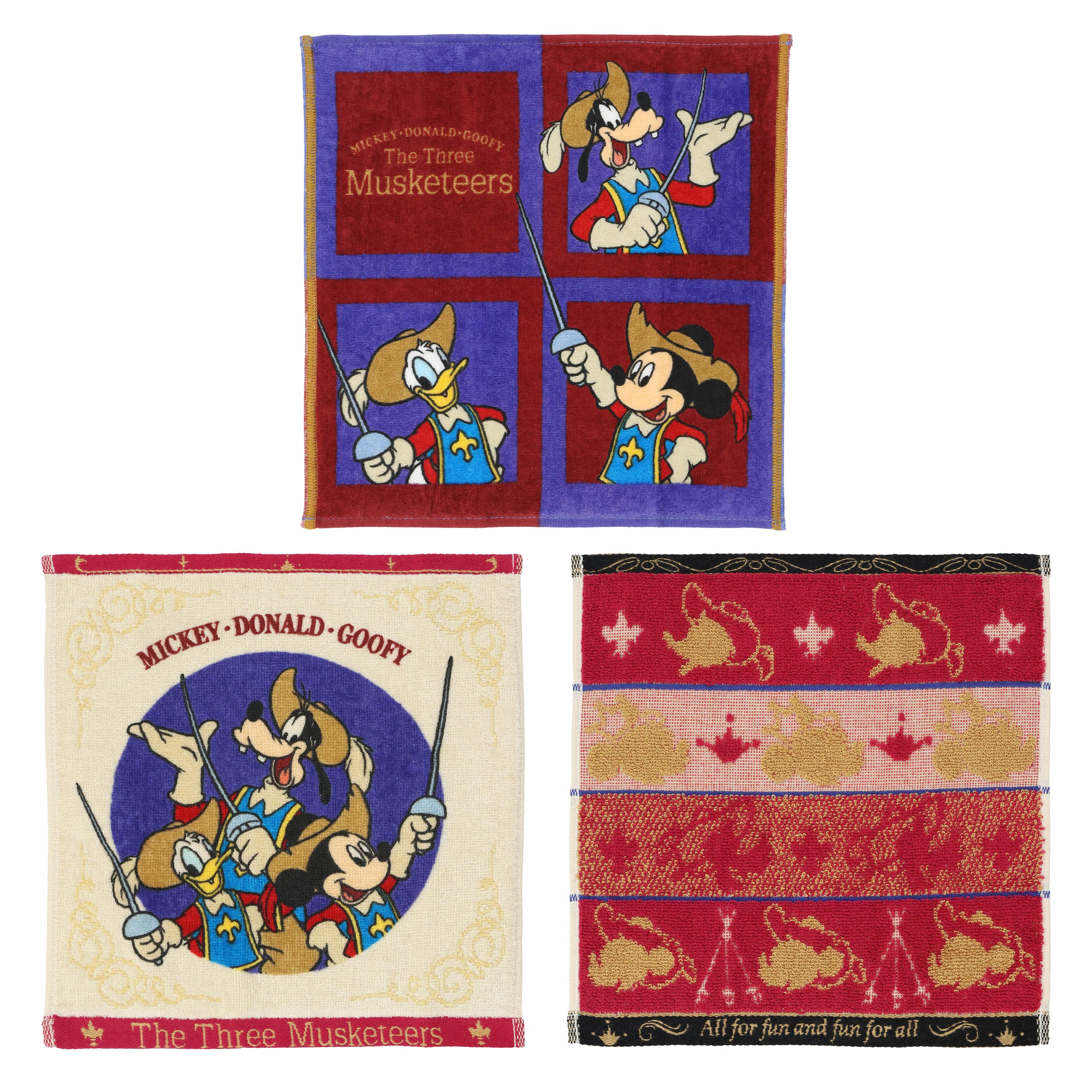 Toallas de tres manos como Mickey, Donald y Morning, con tres músculos con espadas y patrones decorativos.
