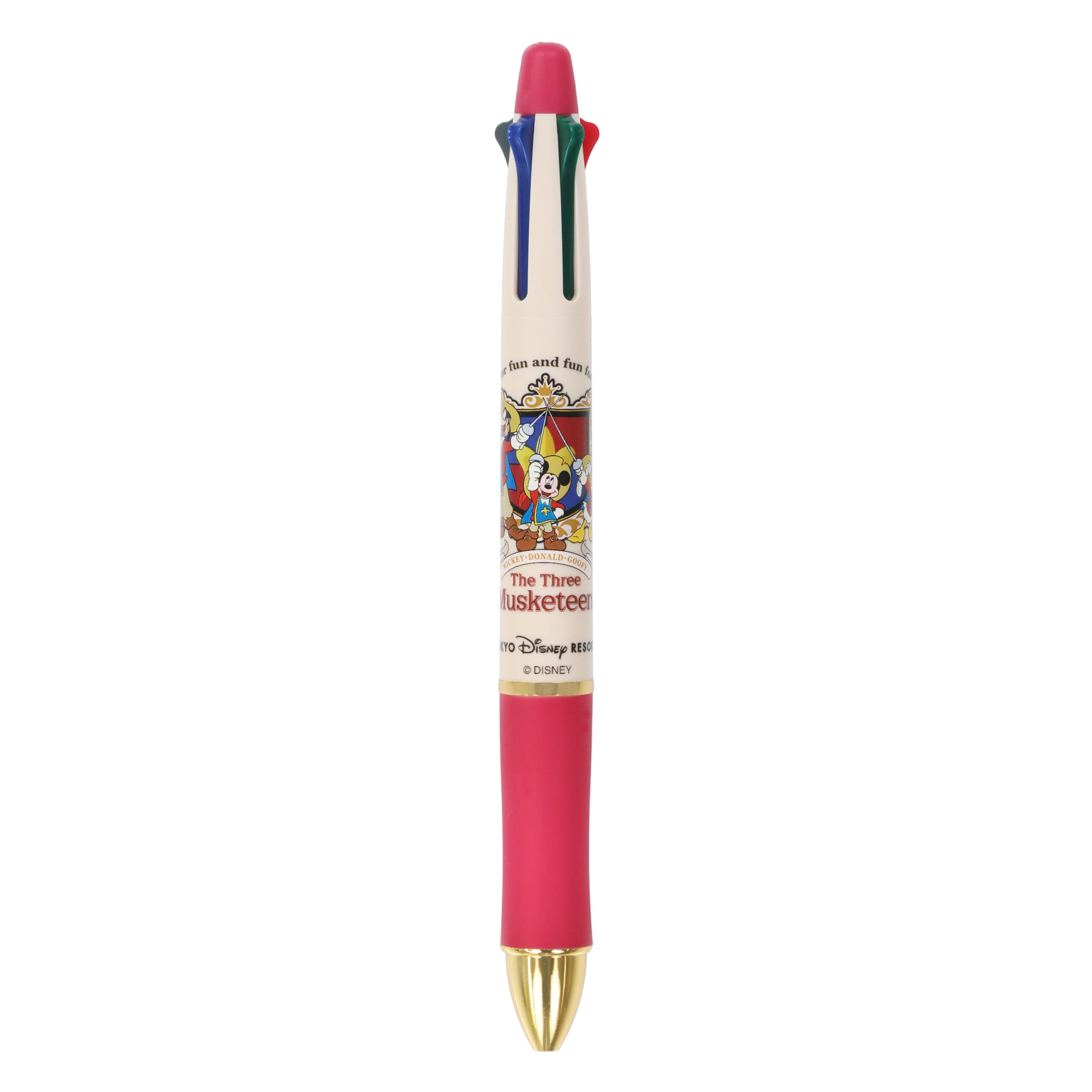 Una pluma roja de multicolor, que incluye tres personajes musculosos de Disney y punta dorada.