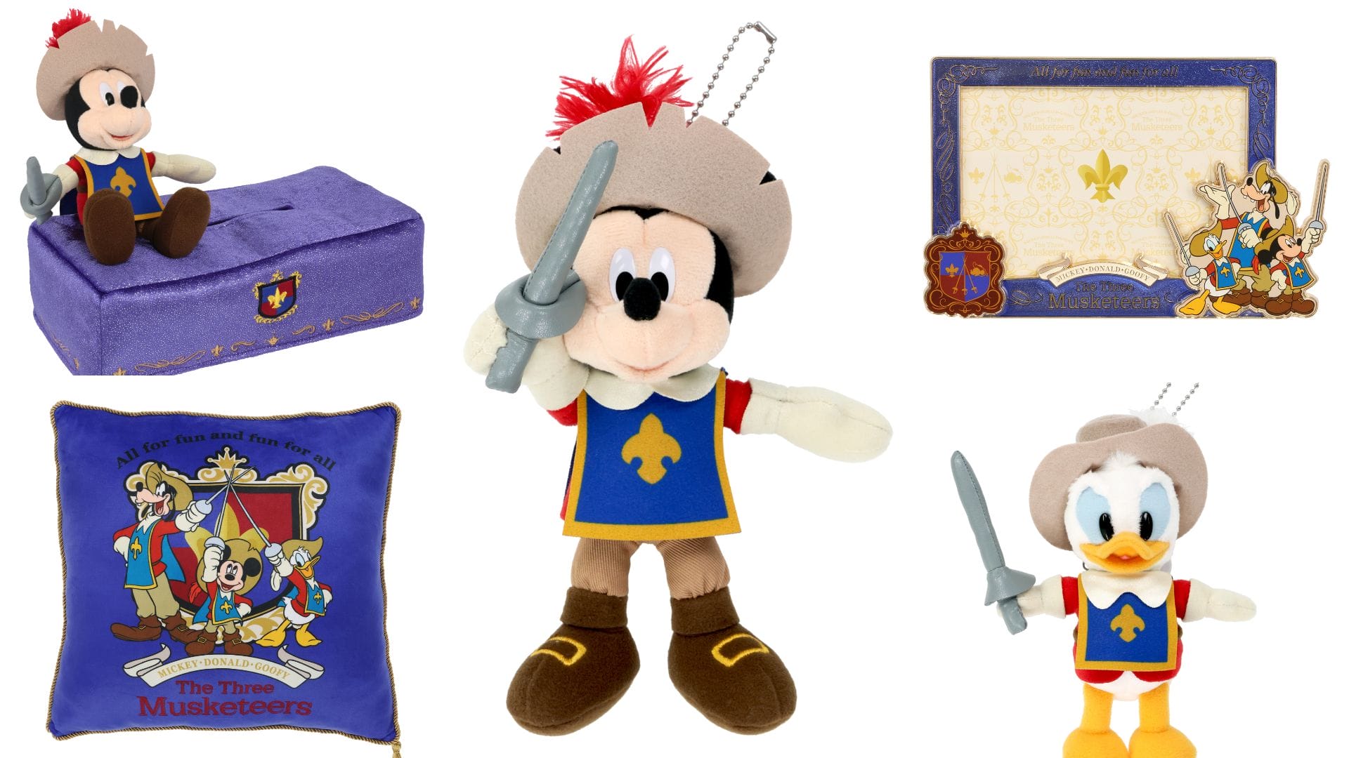 Tres musculosos del centro comercial Tokyo Disney Resort, el tema de la almohada, la caja púrpura y el lujoso Mickey y Donald en la placa.