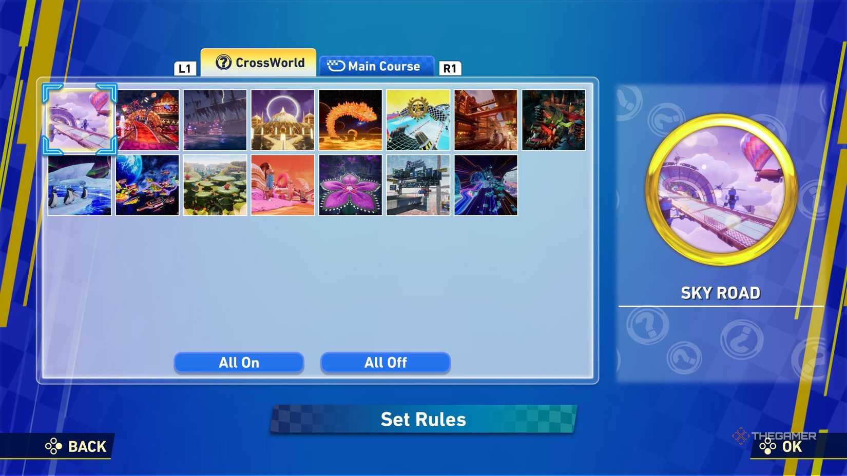 Un menú Cross -Worlds en Sonic Racing Cross Worlds.
