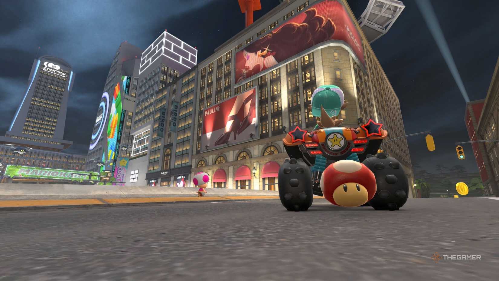 Rosalina Mario está mirando una serie de edificios de gran altura en Cart World.