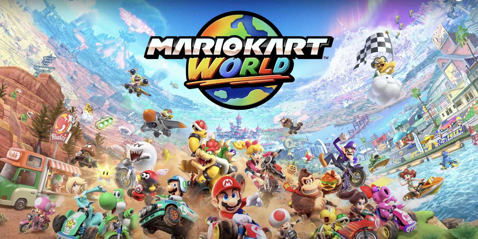 Mario Cart World Core Art está mostrando todos los roles frente al desierto de la ciudad a la izquierda y a la derecha