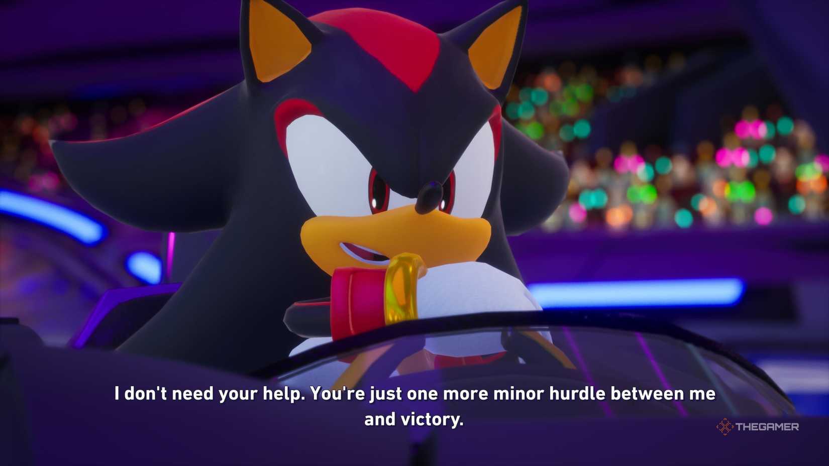 Hable con Eggman antes de la carrera en la sombra Sonic Racing Cross Worlds.