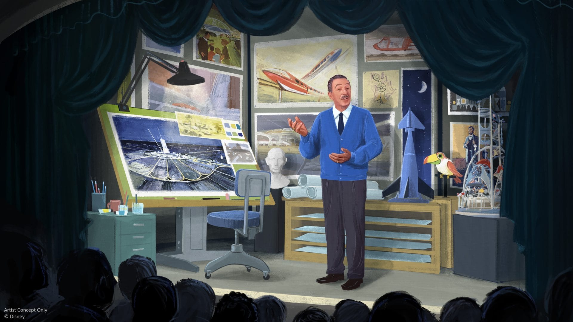 Un artista en el escenario presenta un modelo de exploración espacial. Un cartel de progreso y un carrusel de cohetes llenan el telón de fondo de Magic Kingdom.