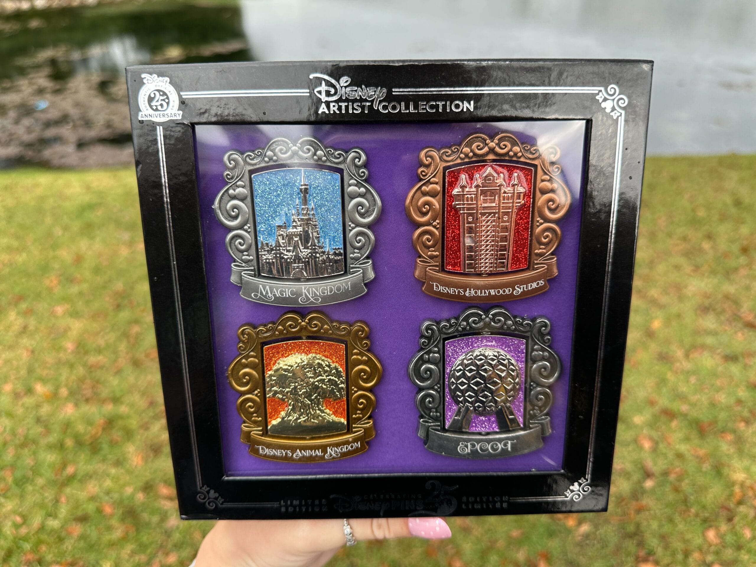 Esta caja contiene cuatro pines de Jess Willis, cada uno inspirado en un parque temático de Walt Disney World.