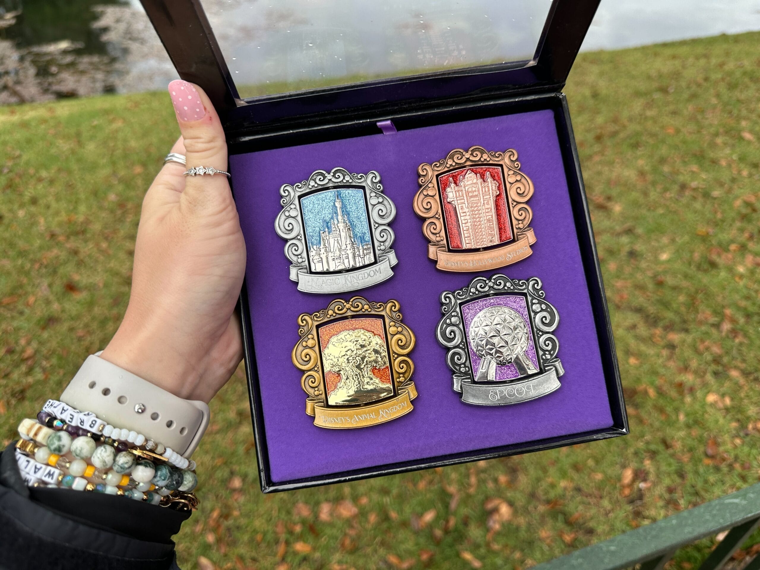 Esta caja contiene cuatro pines de Jess Willis, cada uno inspirado en un parque temático de Walt Disney World.