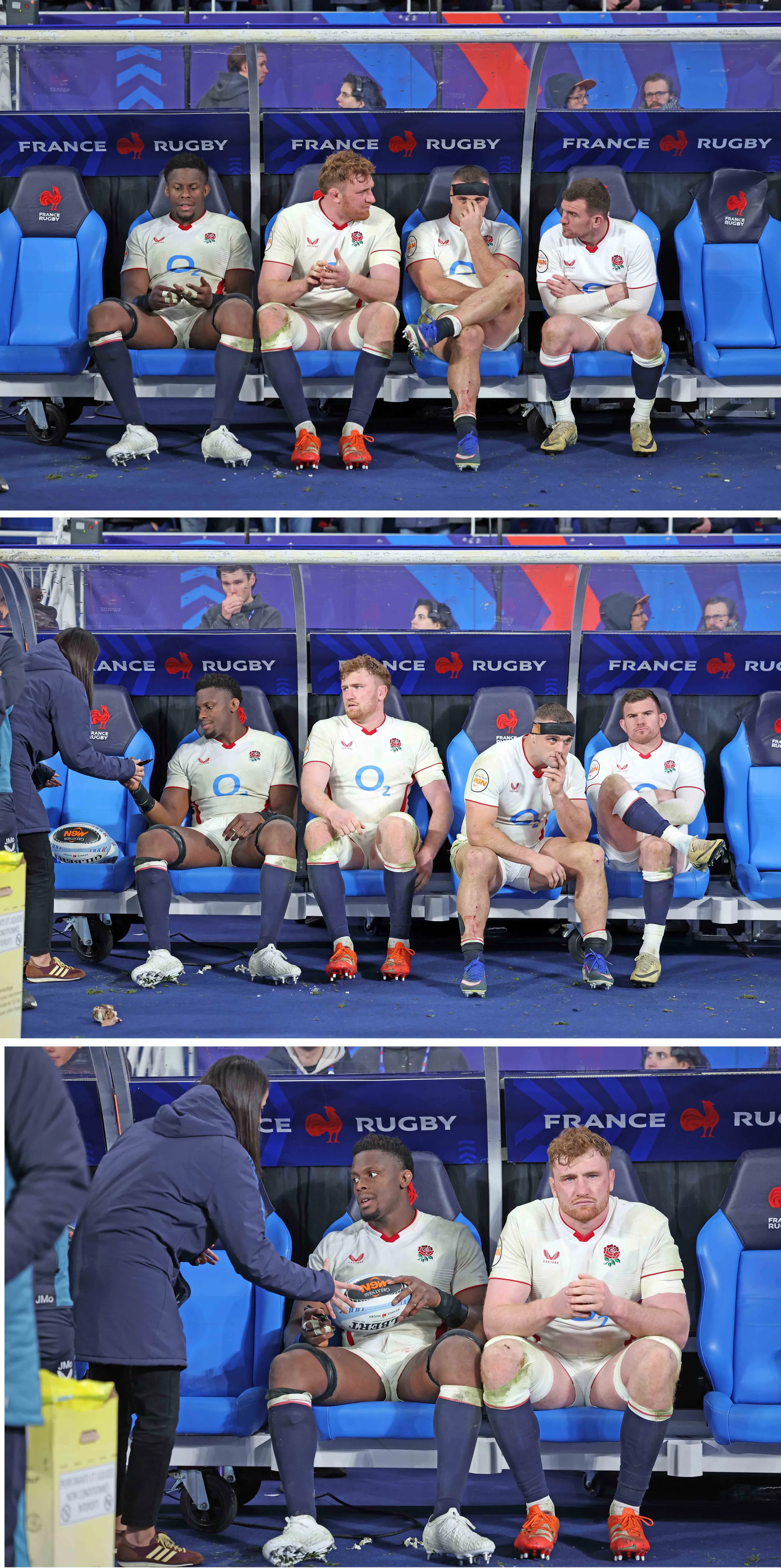 Collage de jugadores de rugby de Inglaterra sentados en el banquillo durante un partido contra Francia.