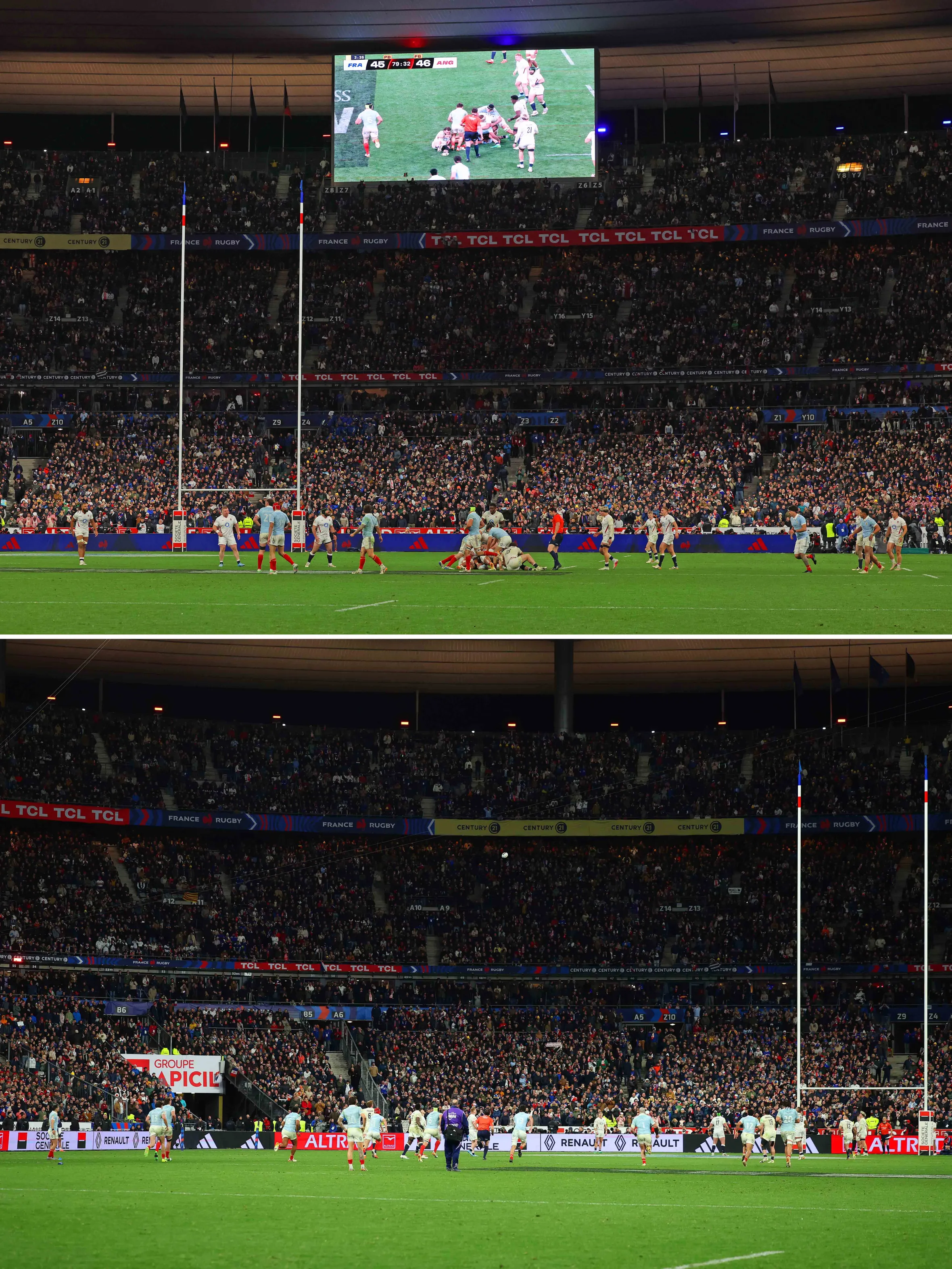 Dos imágenes muestran un plano general de un partido de rugby entre Francia e Inglaterra en un estadio por la noche.