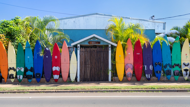 Tablas de surf coloridas entre las entradas de las tiendas en la calle