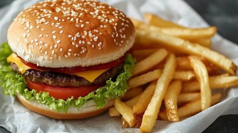 Una clásica hamburguesa con queso con pan de semillas de sésamo, queso derretido, lechuga y tomate, servida con crujientes papas fritas.