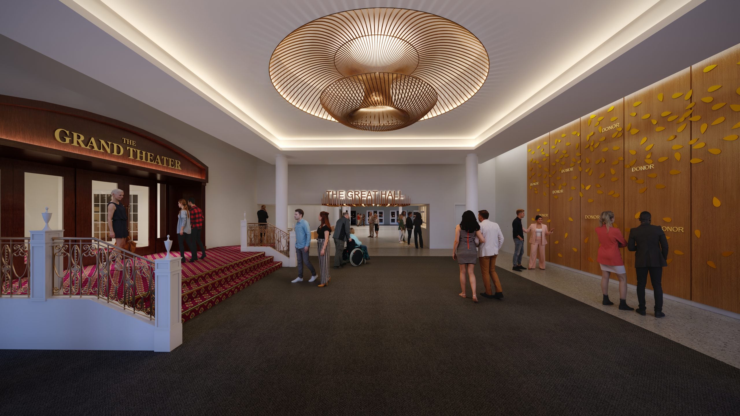 La gente se para y habla en el vestíbulo de un teatro moderno con iluminación decorativa, una pared donada y entradas al Gran Teatro y al Gran Salón.
