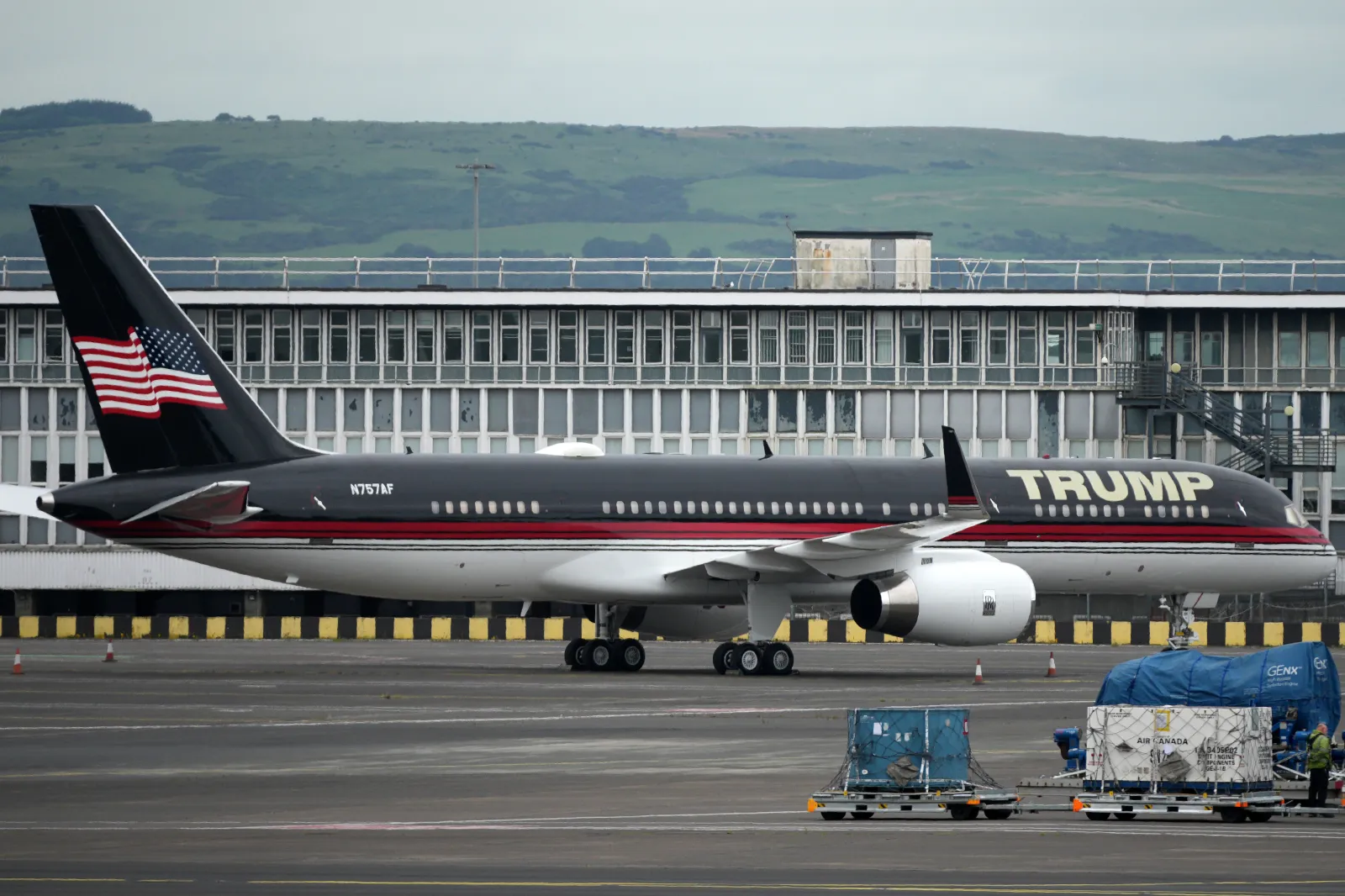 Donald Trump's private jet stands at Prestwick airport Prestwick, United Kingdom on July 25, 2025. (Christopher Furlong/Getty Images)